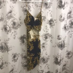 Versace style print a line dress with eyelet